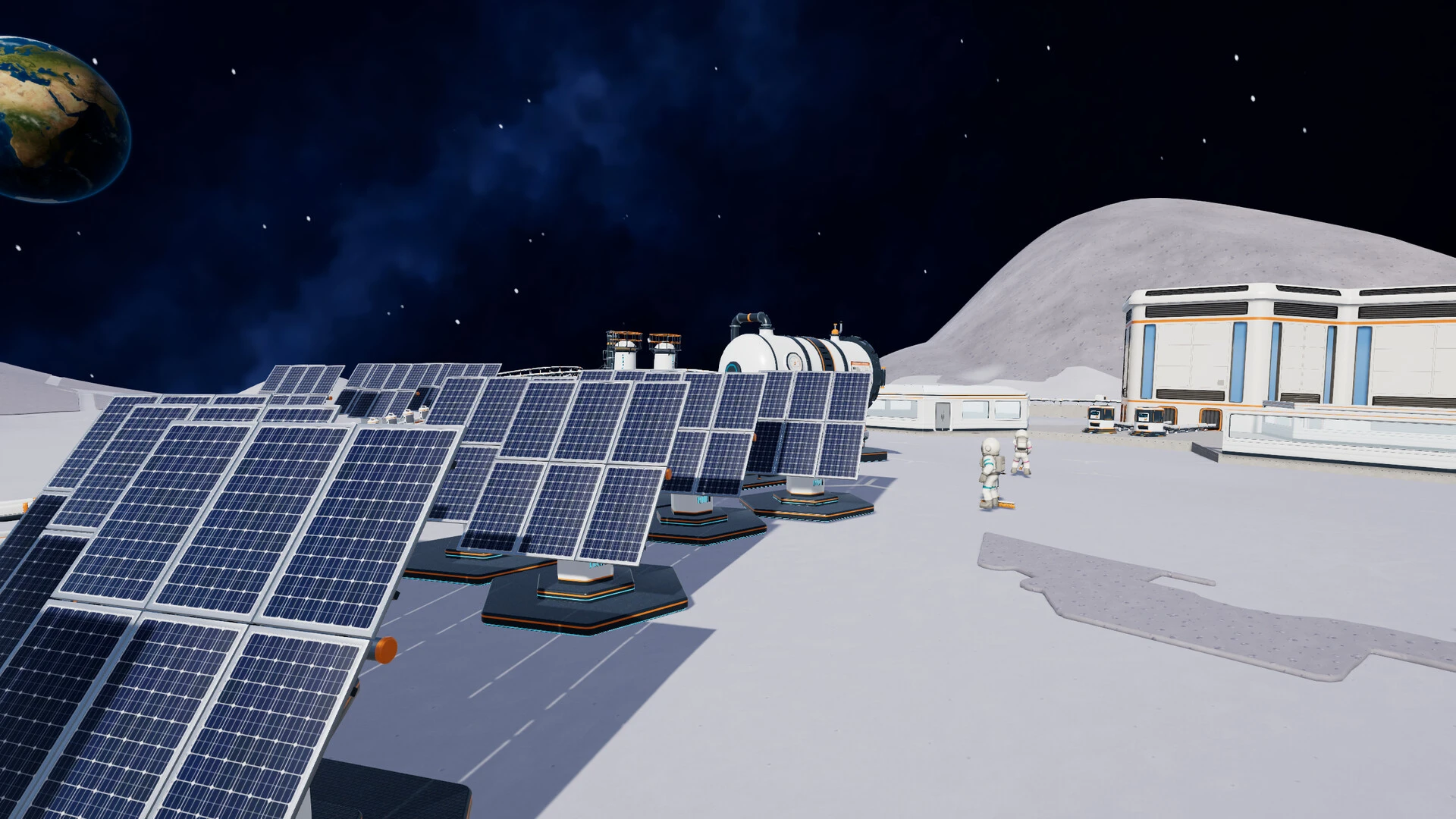 Solar panels, machinery and small parts spread across a lunar base.