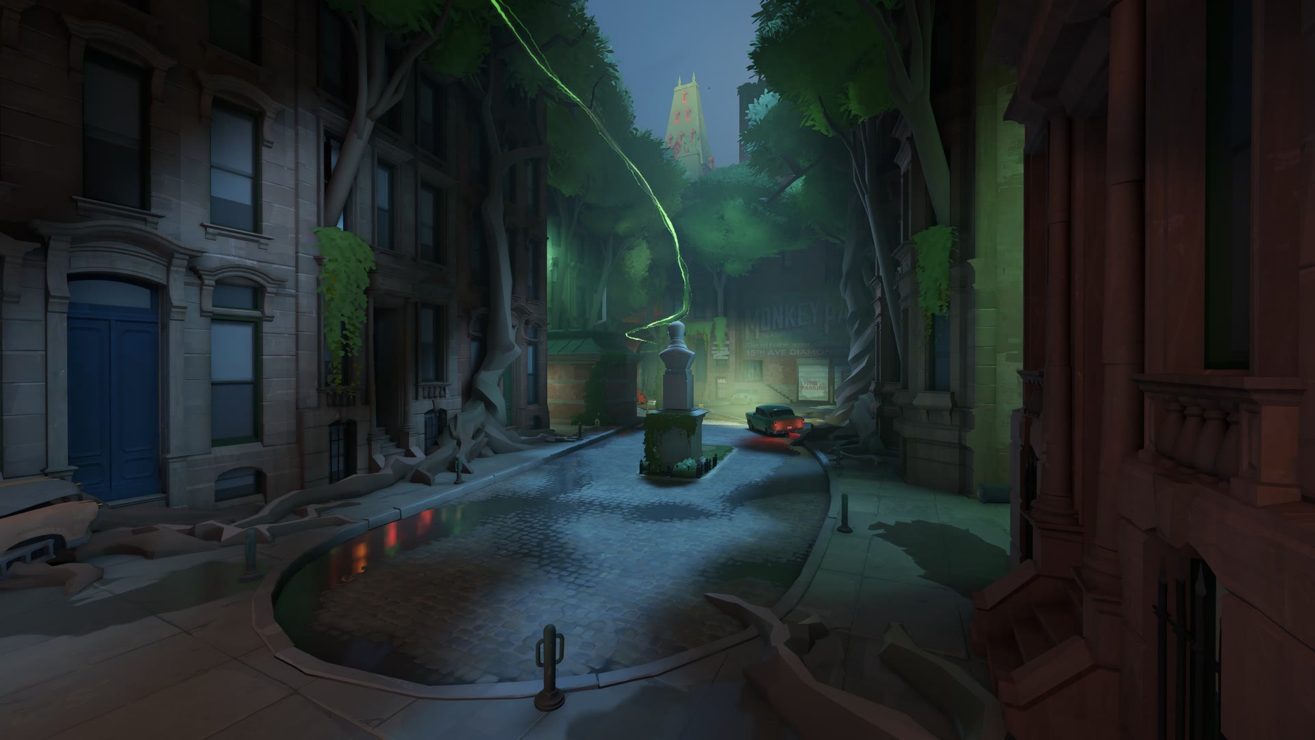 Valve's view of an Umbria University street with detailed masonry, vegetation, signs and shadows.