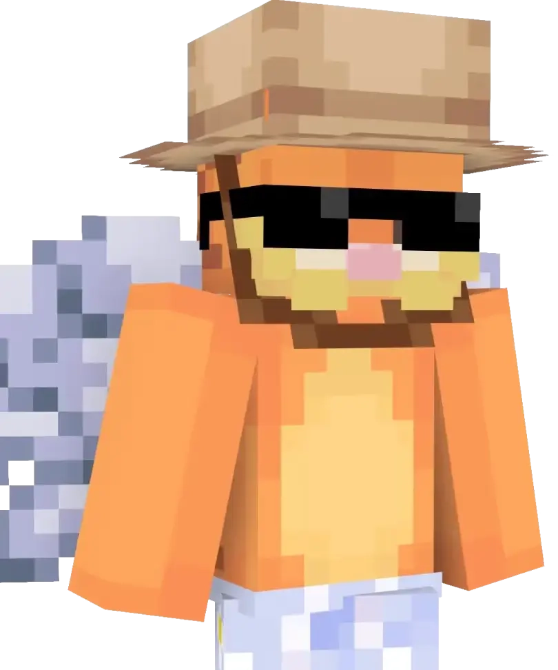 Personagem do Minecraft com roupa laranja e chapéu