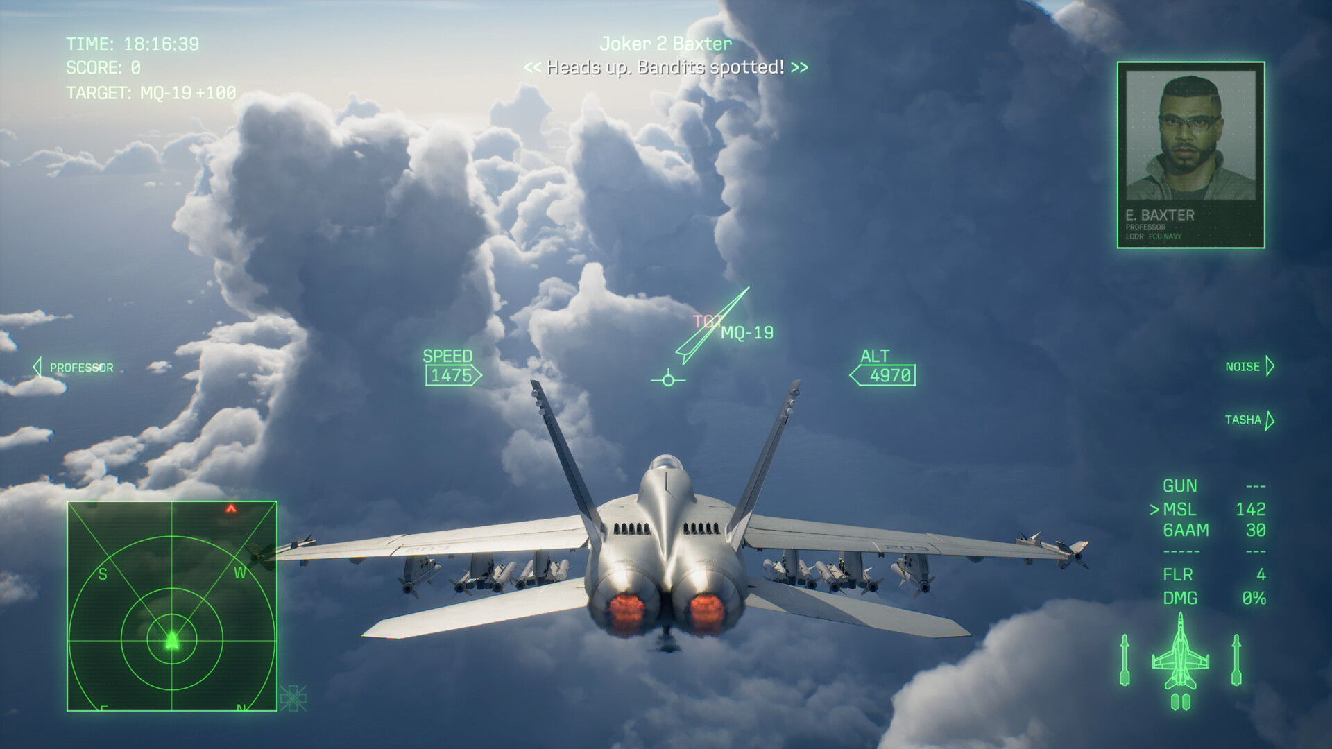 A fighter flies between towering cloud banks with a green target marker and flight HUD.