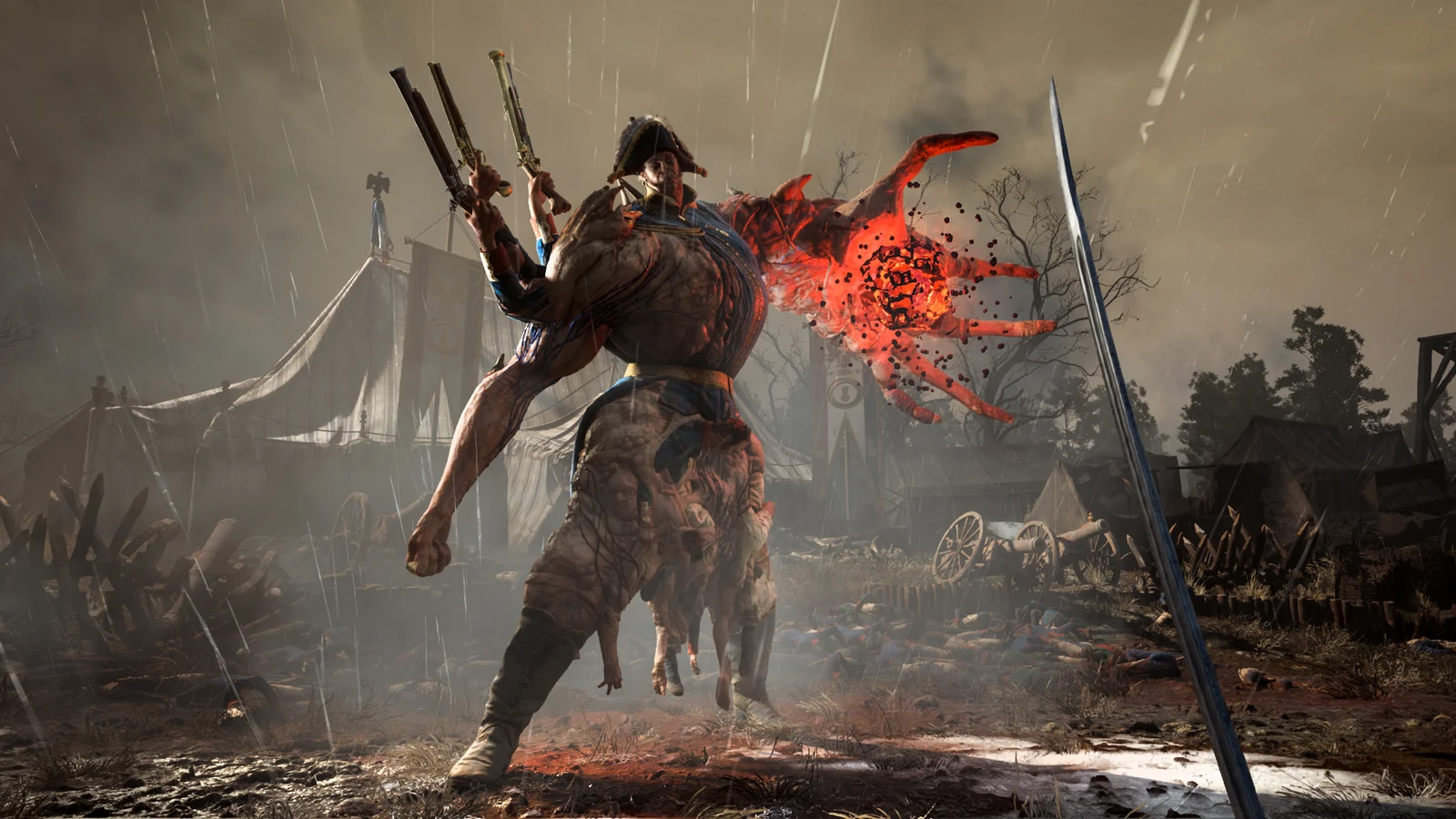 A close enemy and glowing attack stand against a pale sky, with the player's blade at the right.