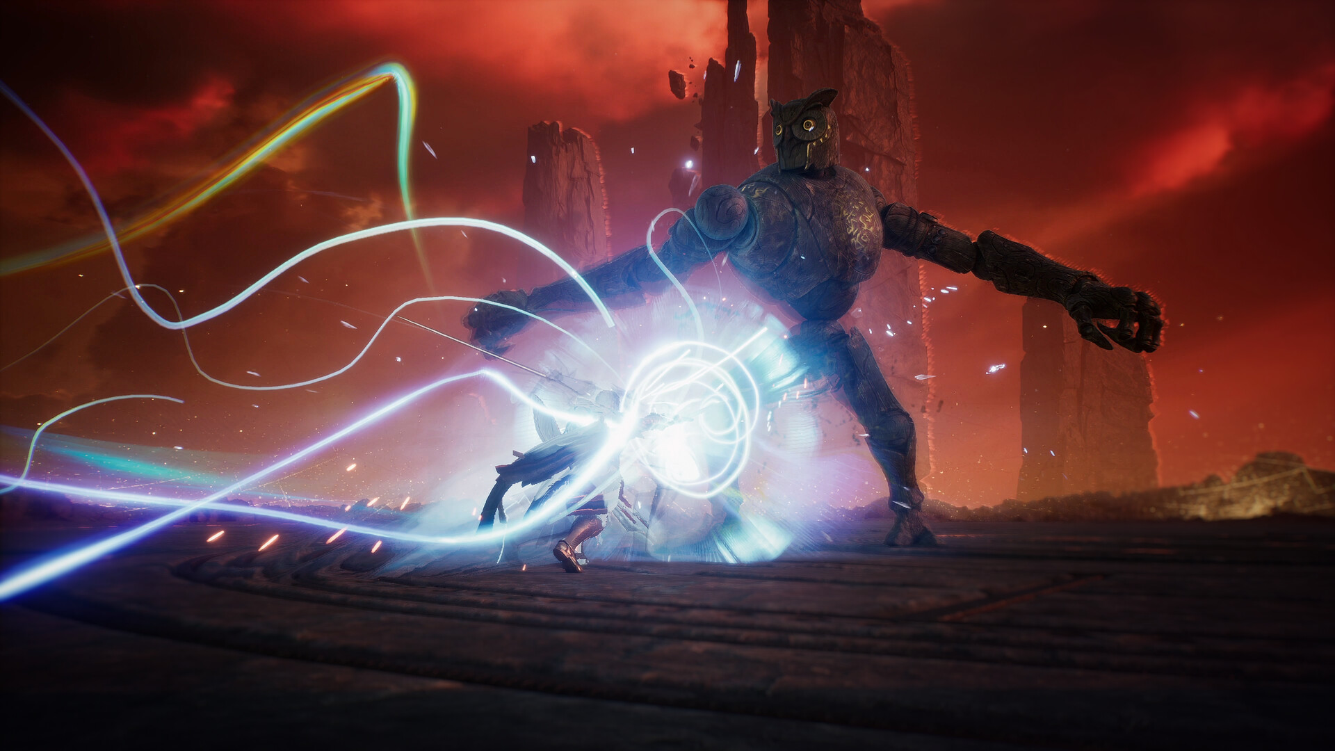 A large armored boss surrounded by bright spell trails in an Aion 2 publisher screenshot.