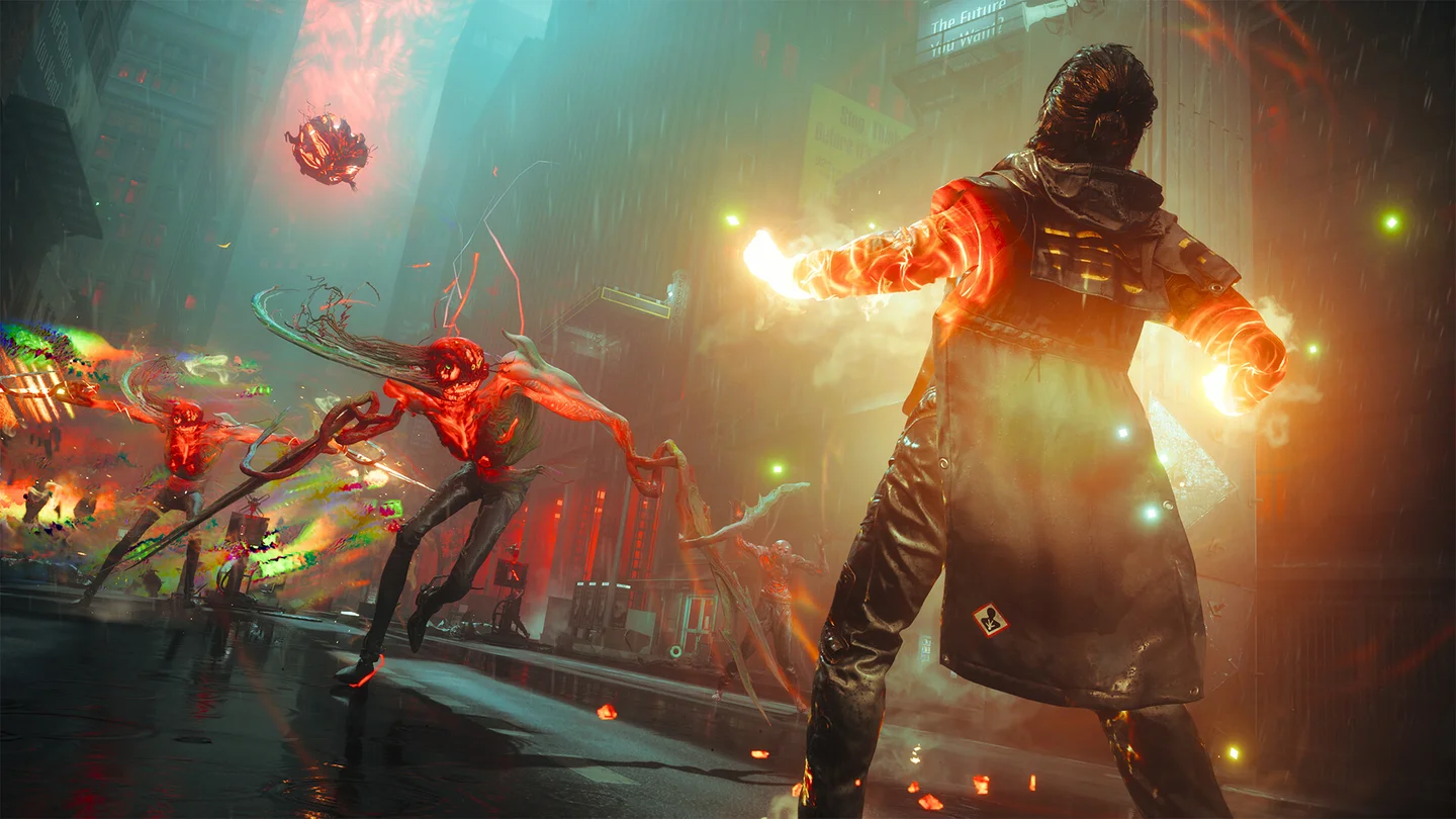 Dylan facing enemies in a rain-soaked Manhattan street, with bright lighting and reflected surfaces.