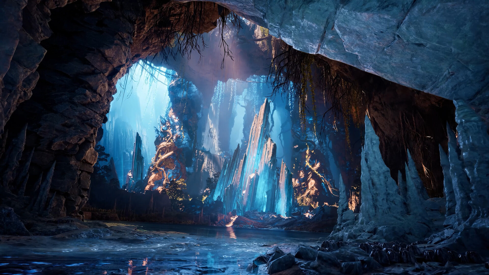 Glowing blue crystals and water inside a cavern in an Aion 2 publisher screenshot.