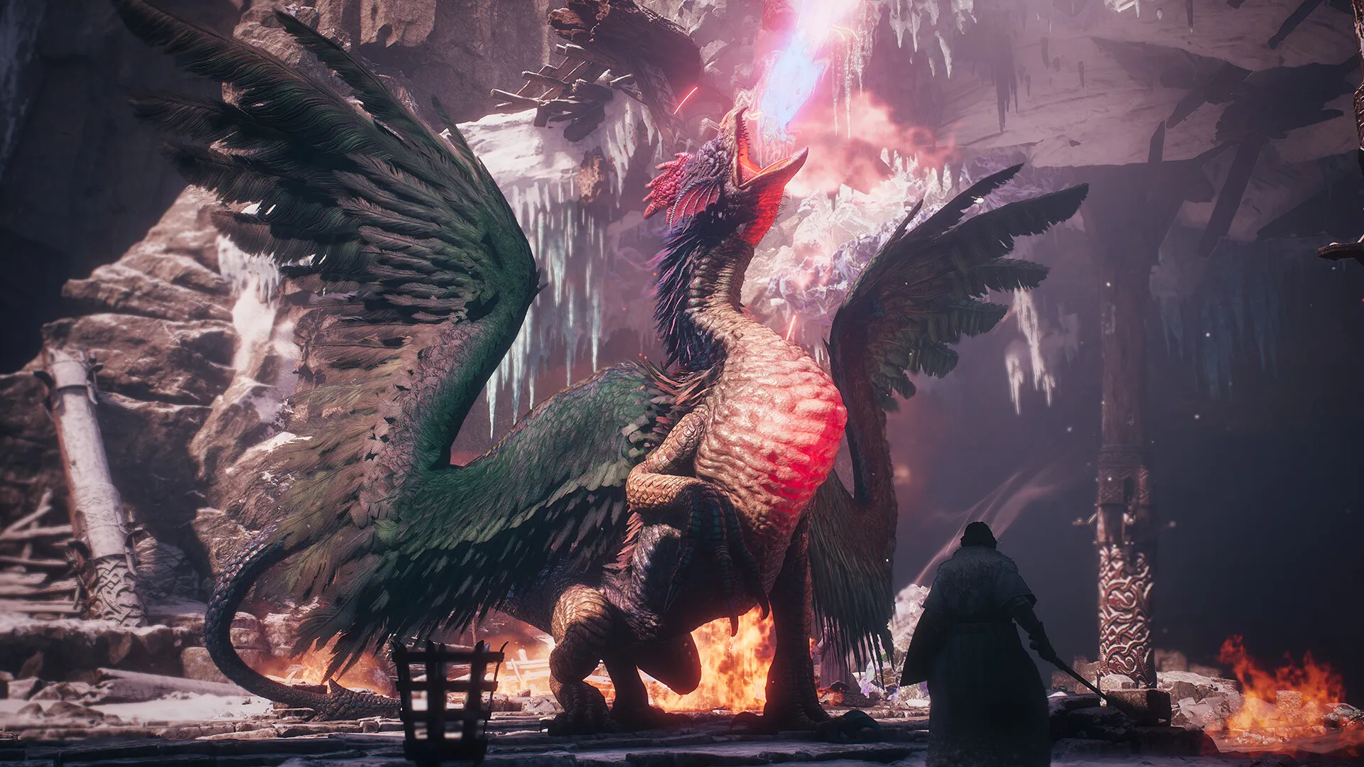 Capcom's Dark Arisen scene of a winged monster above a player amid fire and visual effects.