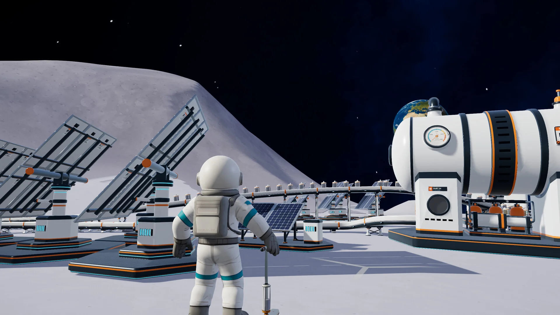 An astronaut stands among solar panels, machinery and conveyors on the Moon.