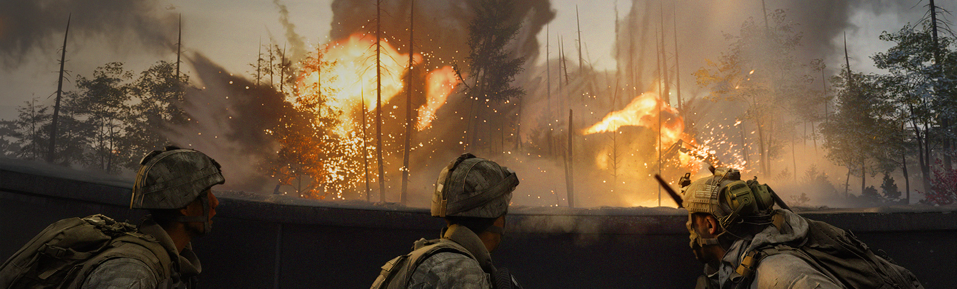 Official MW4 imagery with armed soldiers overlooking burning woodland.