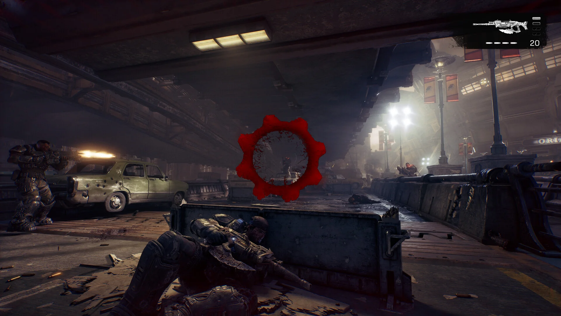A Gears of War E-Day firefight beneath a bridge, with cover, smoke and strong environmental lighting.