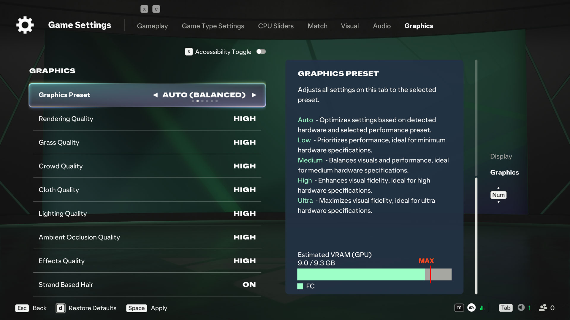 EA's FC 27 Graphics menu showing quality controls and the Estimated VRAM indicator.