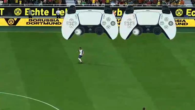 EA's FC 25 example showing two PlayStation controller graphics over a football pitch.