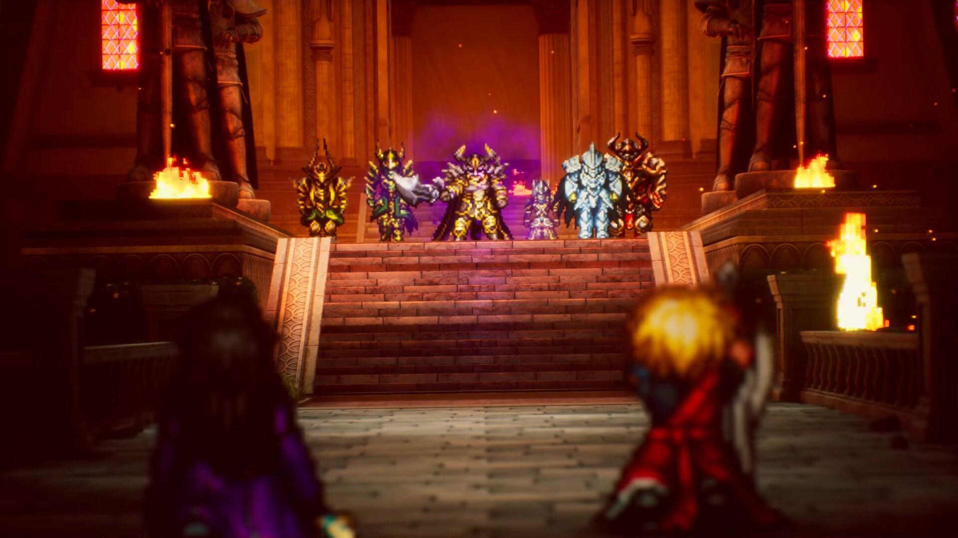 Publisher interior scene with soft foreground figures, torchlight and a clearer group on the central stairs.