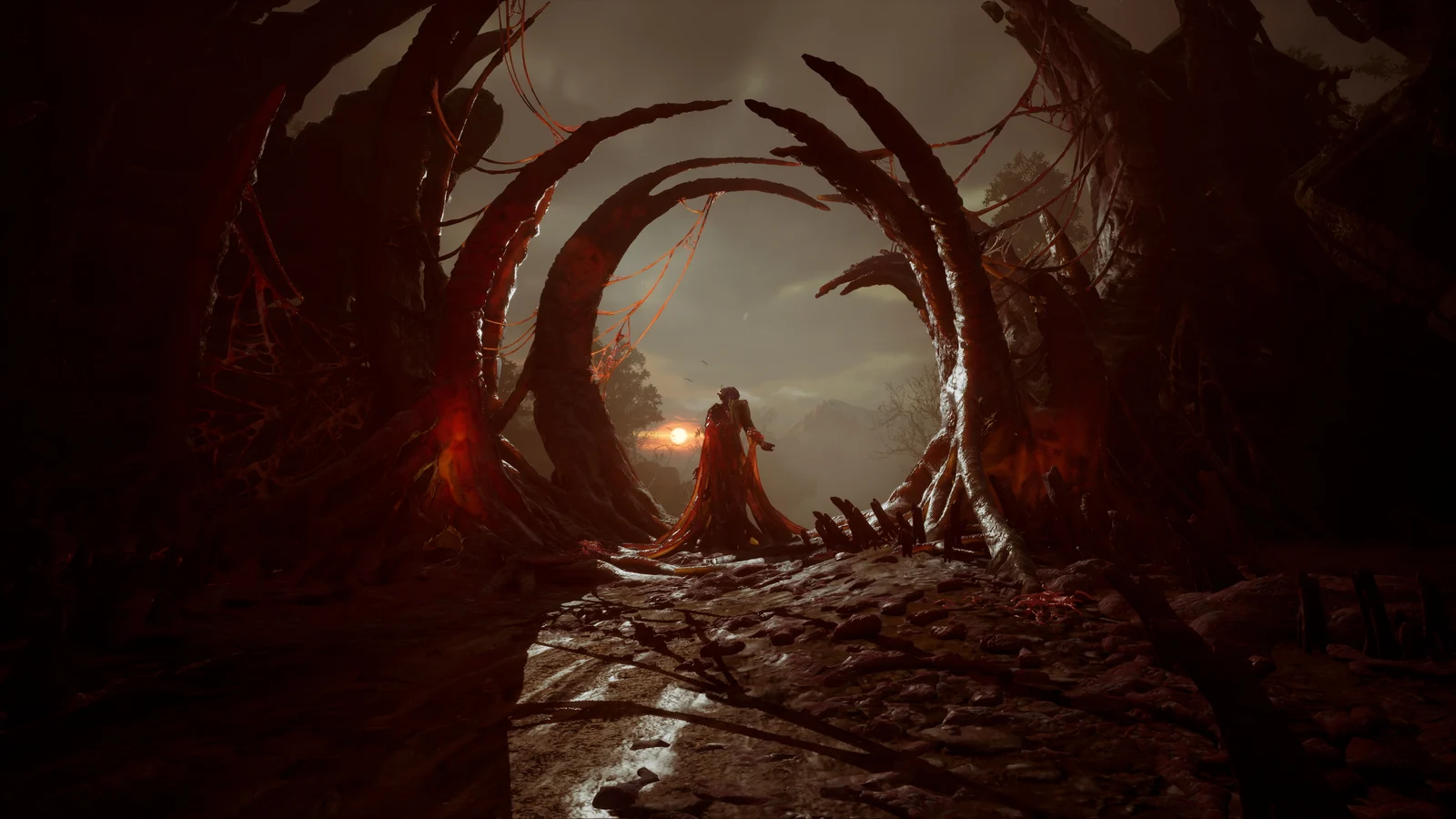 Dark organic arches frame a lit centre, with shadowed surfaces around the player's view.