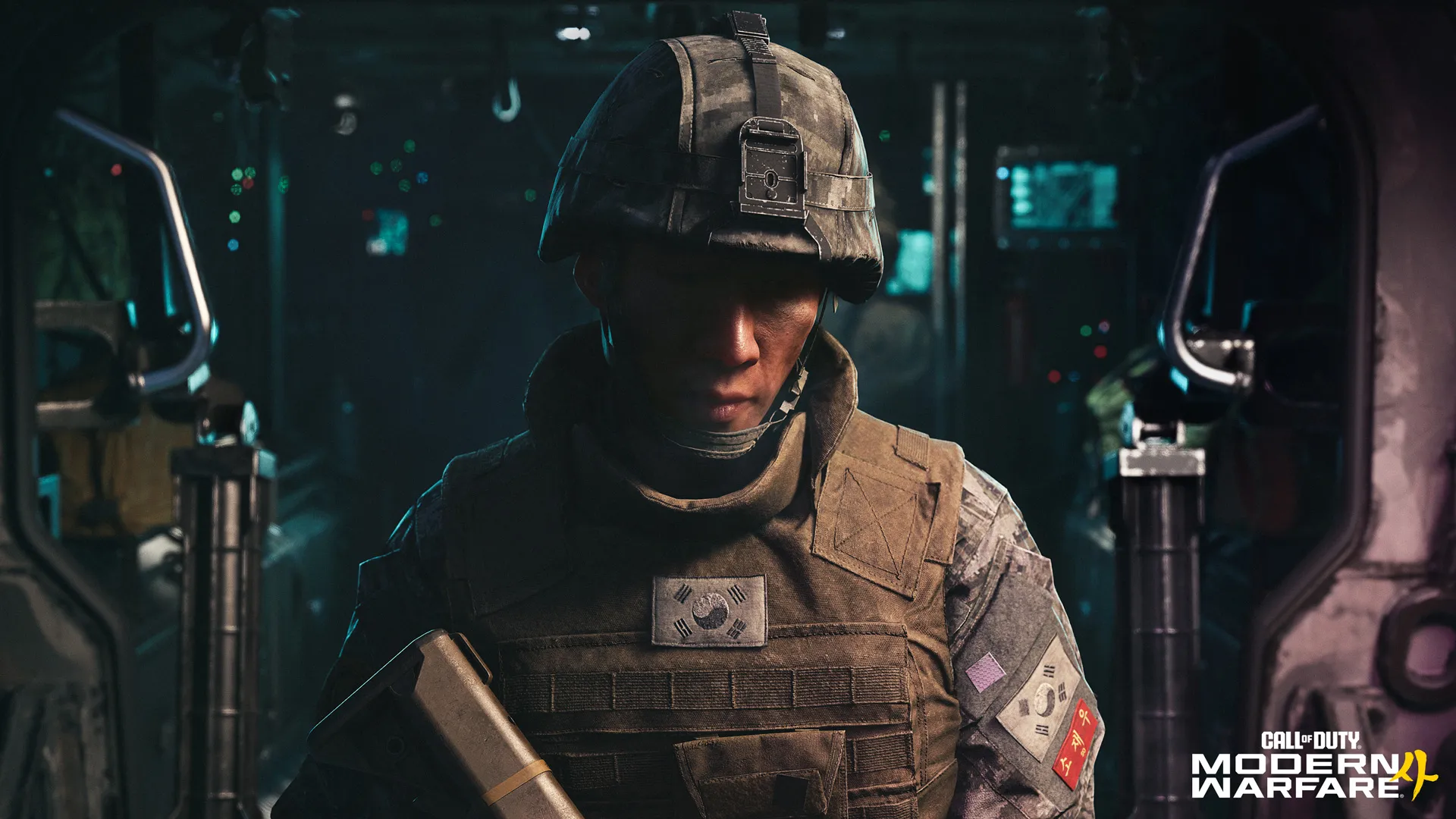 Official Modern Warfare 4 campaign scene with a soldier inside a dimly lit transport.
