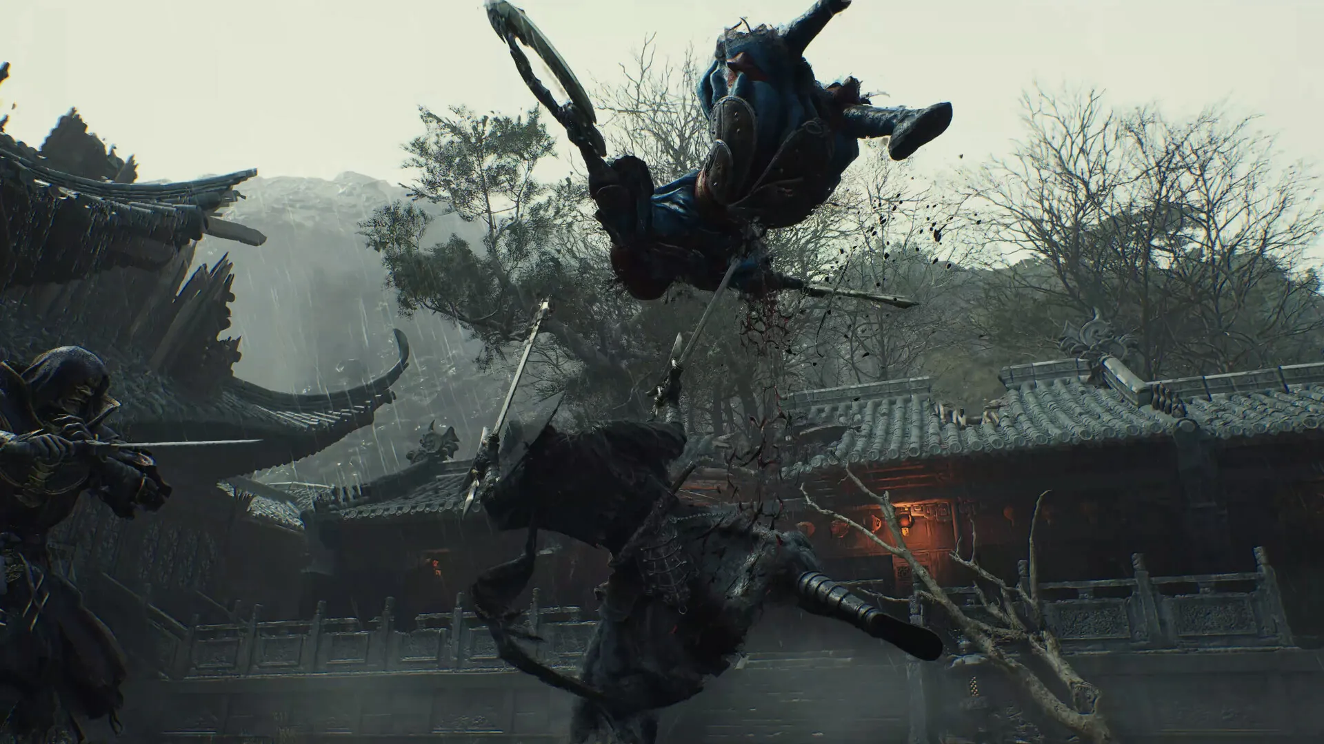 Sword combat in a Phantom Blade Zero temple courtyard