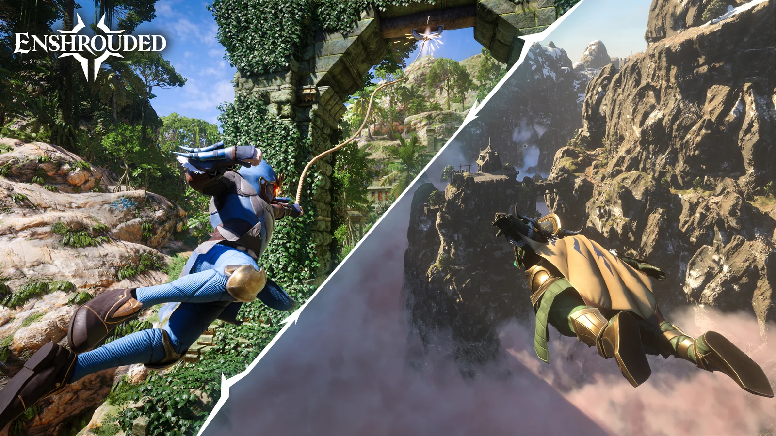Official Enshrouded composite: forest ruins and grappling on the left, canyon gliding on the right.