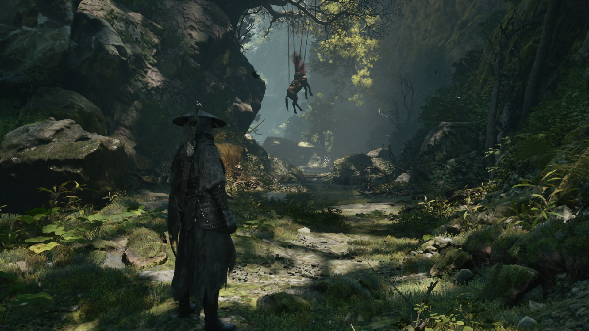 Phantom Blade Zero’s rocky forest path in the Hone Optimal preset capture.