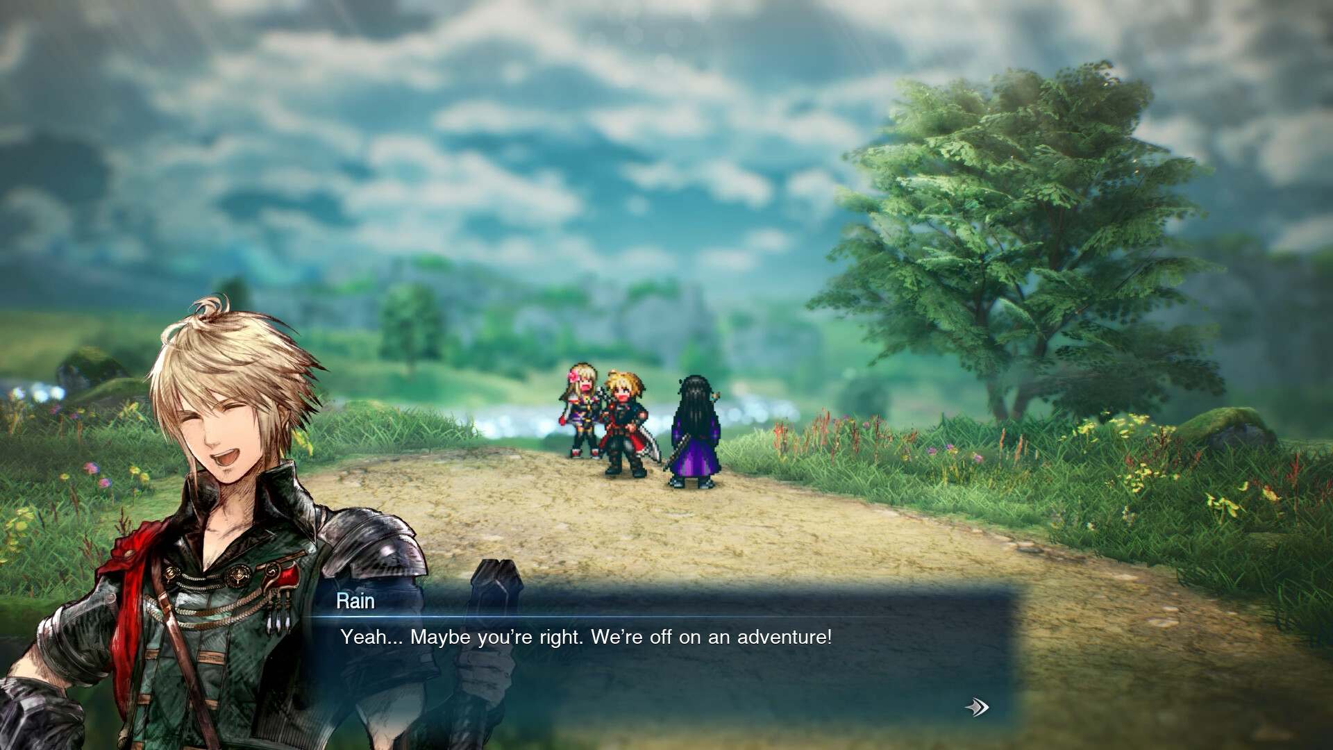 Publisher outdoor scene with a party on a path, dialogue and softened distant hills.