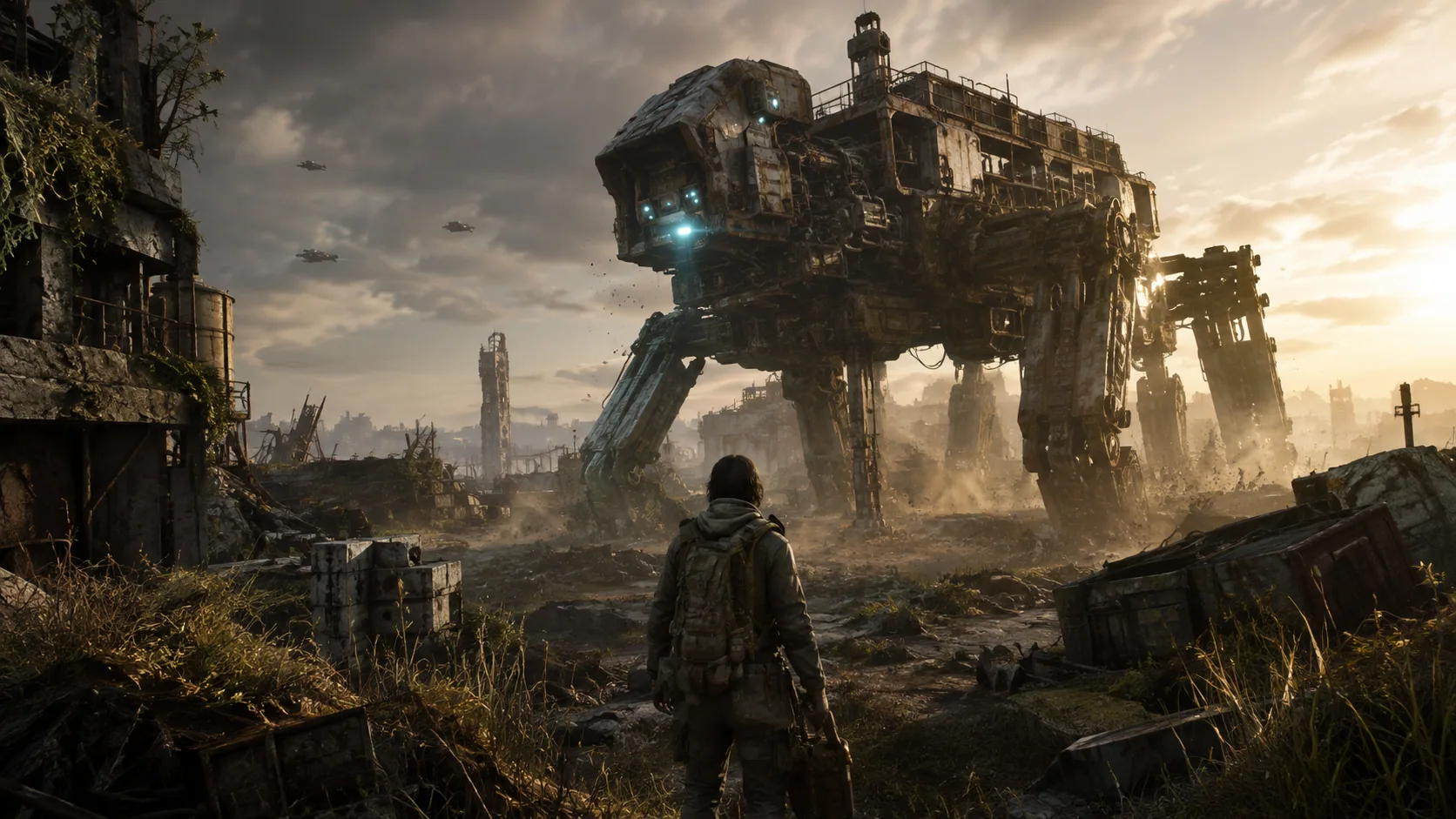 Un récupérateur original fait face à une machine géante dans des ruines industrielles envahies par la végétation