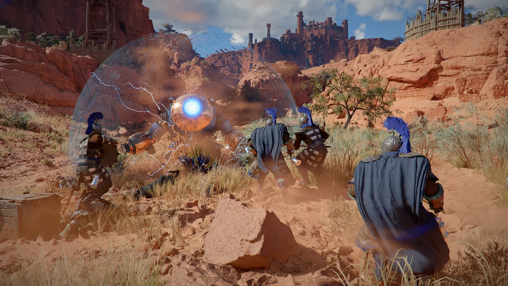 Original armored traveler and horse watching a battle below a crimson sky