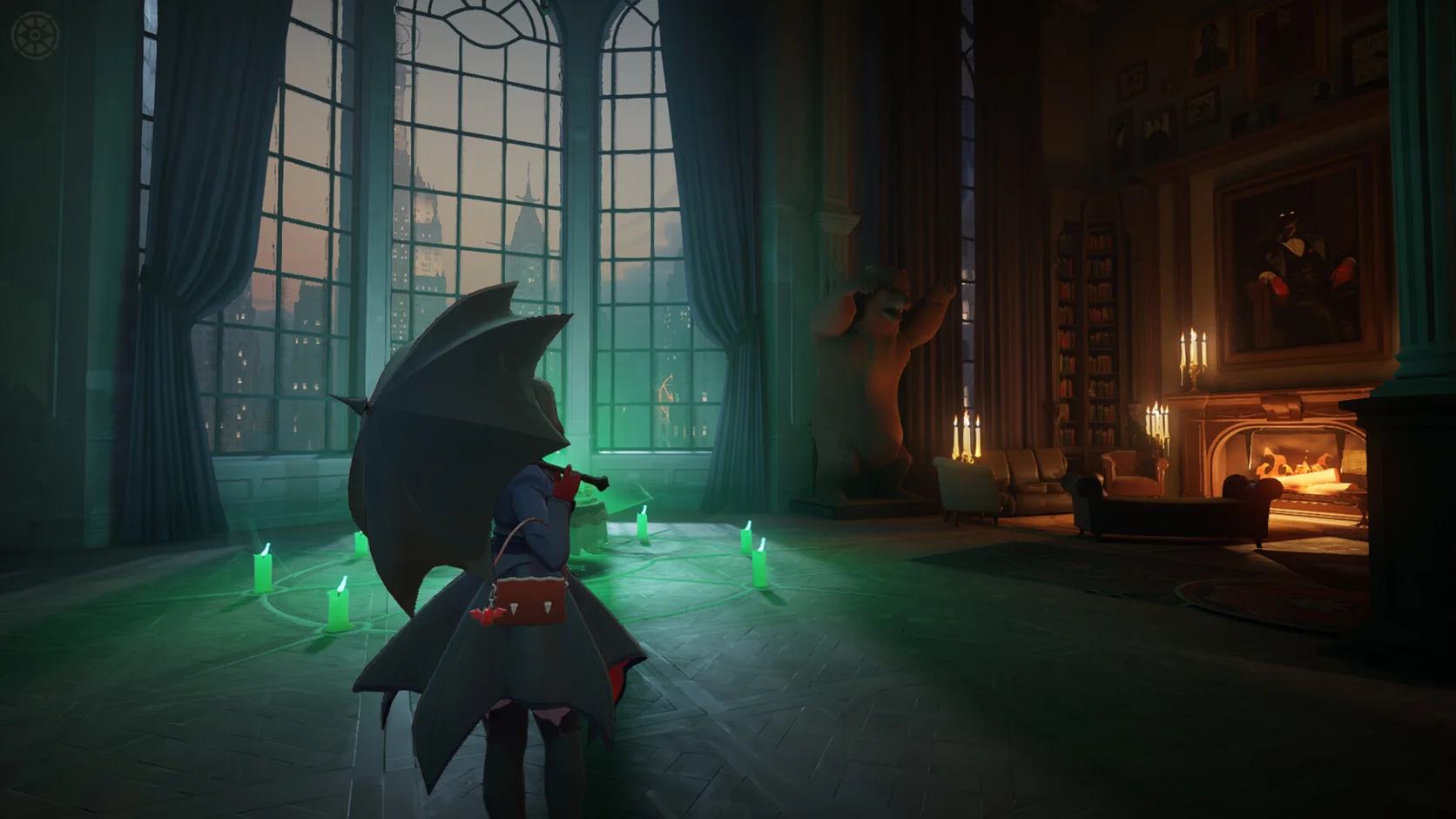 Original occult courier watching a supernatural rooftop arena at dusk