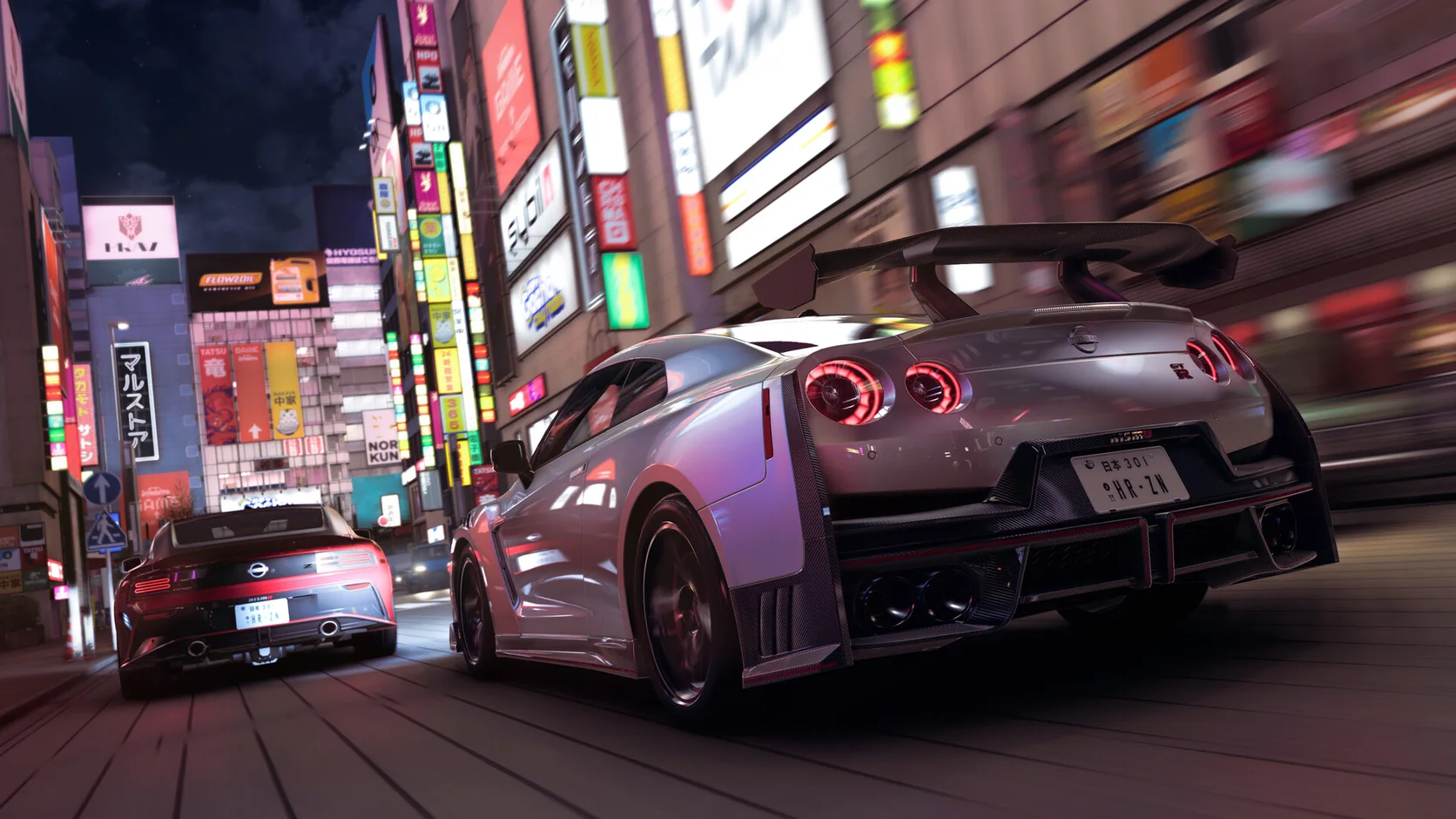 Original sports coupe racing down a wet mountain road above a city at dusk