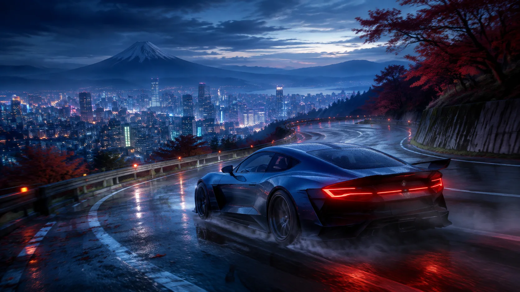 Coupé sportiva originale che corre su una strada di montagna bagnata sopra una città al tramonto