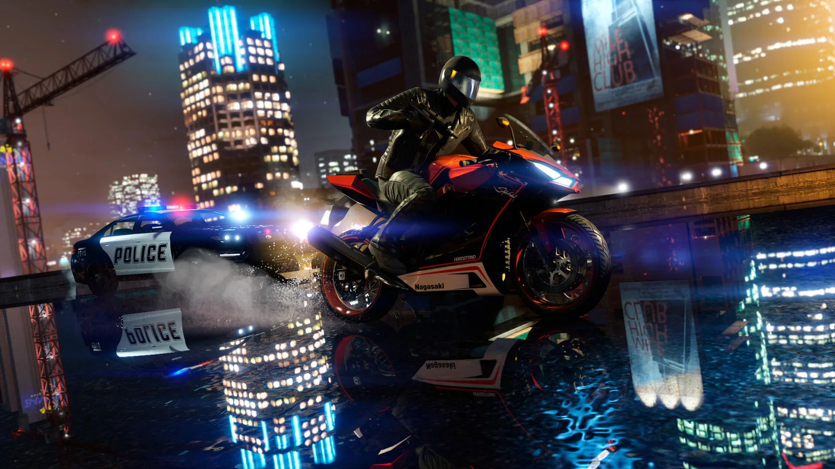 GTA 5 Enhanced gameplay showing a motorcycle rider escaping police on a wet Los Santos road at night