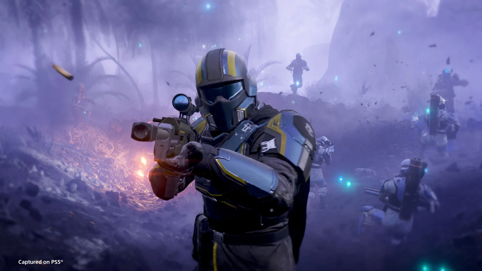 Armored Helldiver facing an alien bug swarm on a rocky planet
