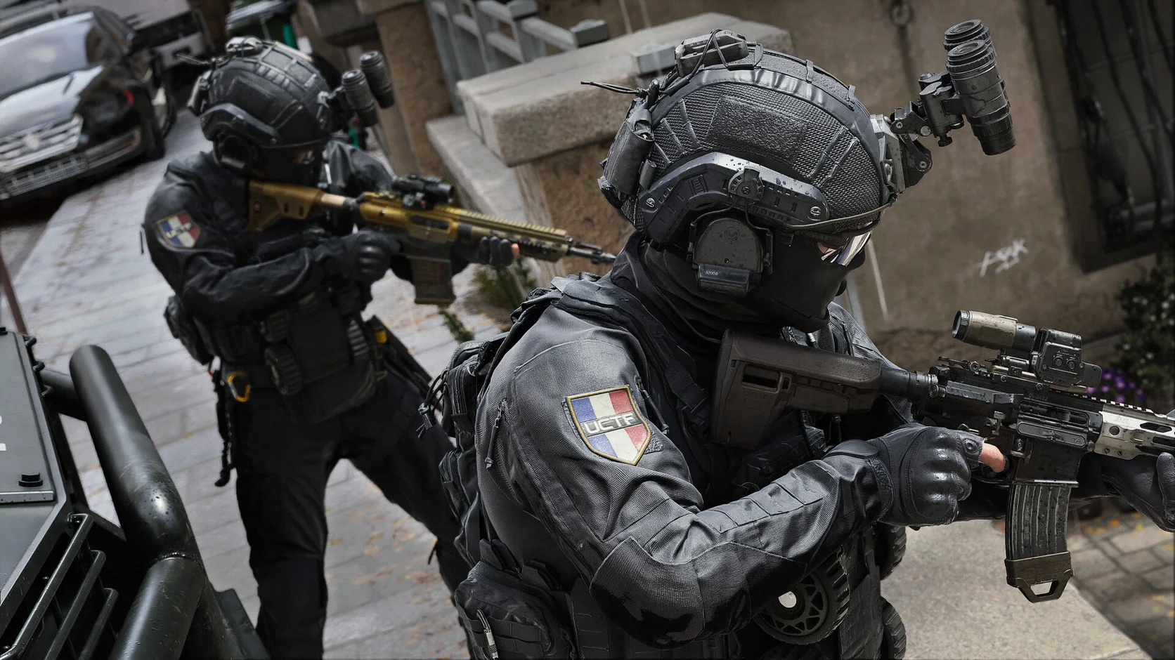 Tactical operator watching a modern city battle with helicopters in the distance