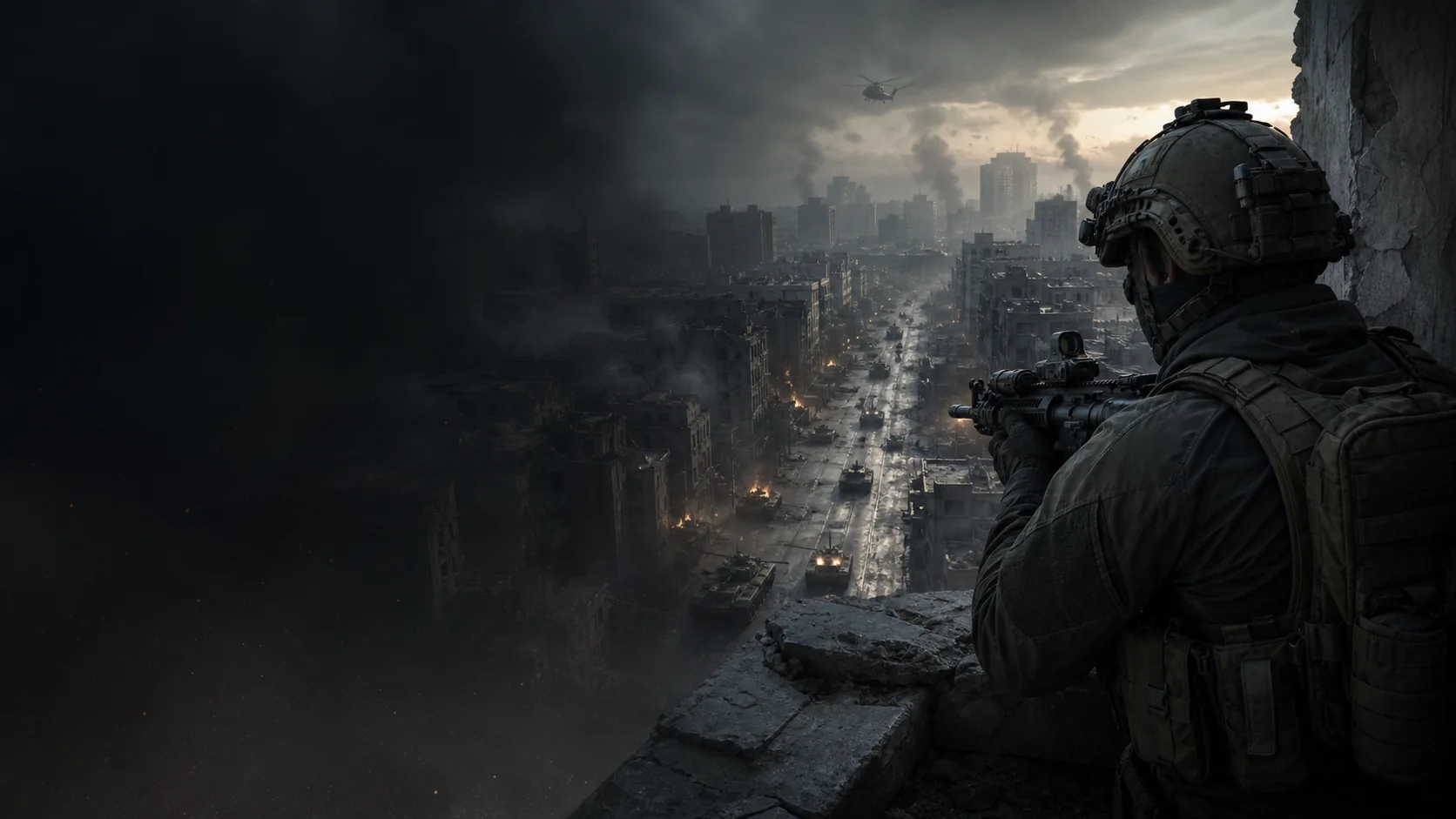 Tactical operator watching a modern city battle with helicopters in the distance