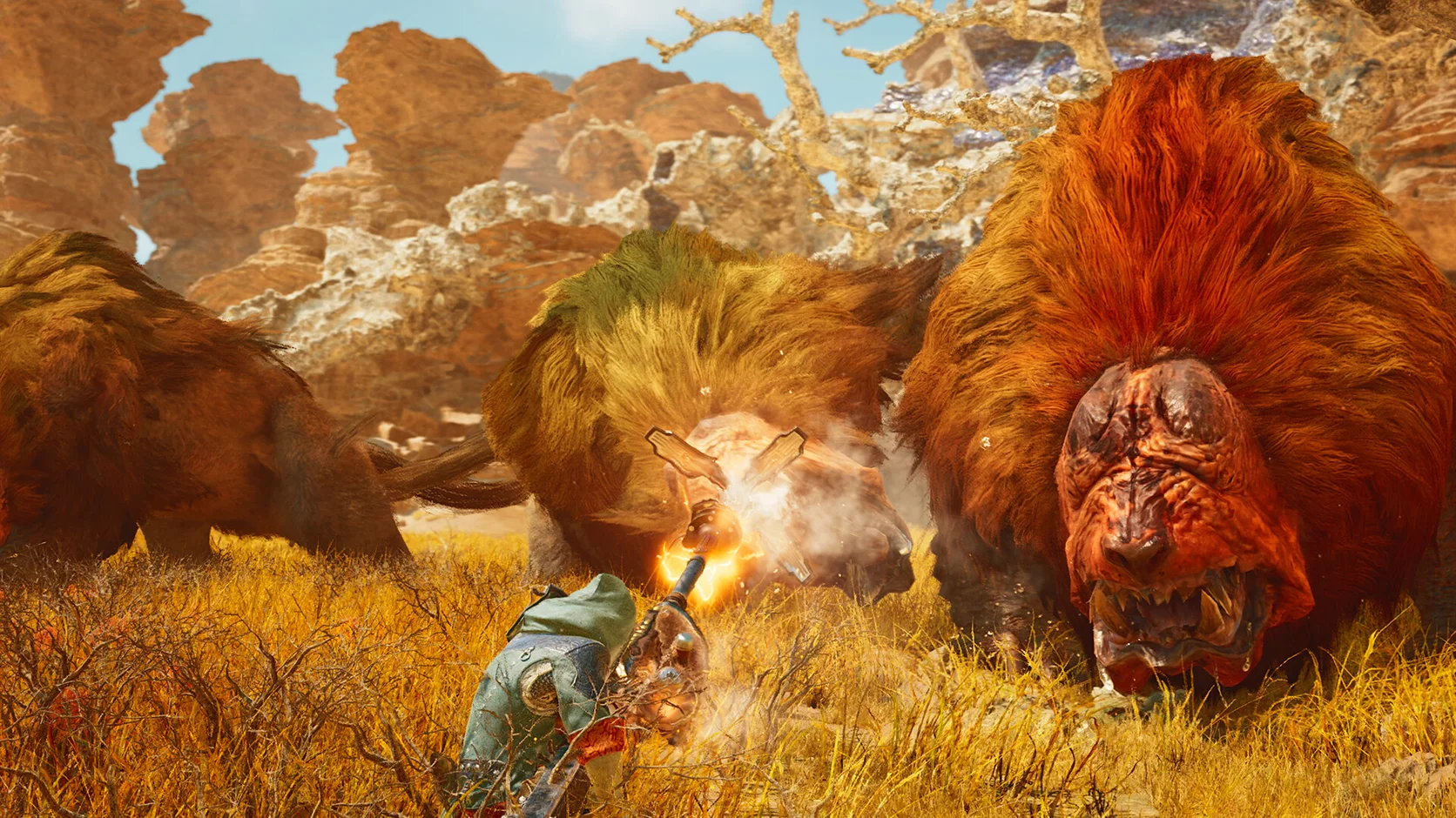 Original hunter crossing a wind-carved desert toward a giant horned beast