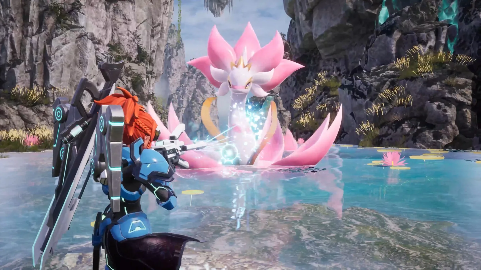 Palworld gameplay showing a player fighting a large pink Pal beside a rocky pool