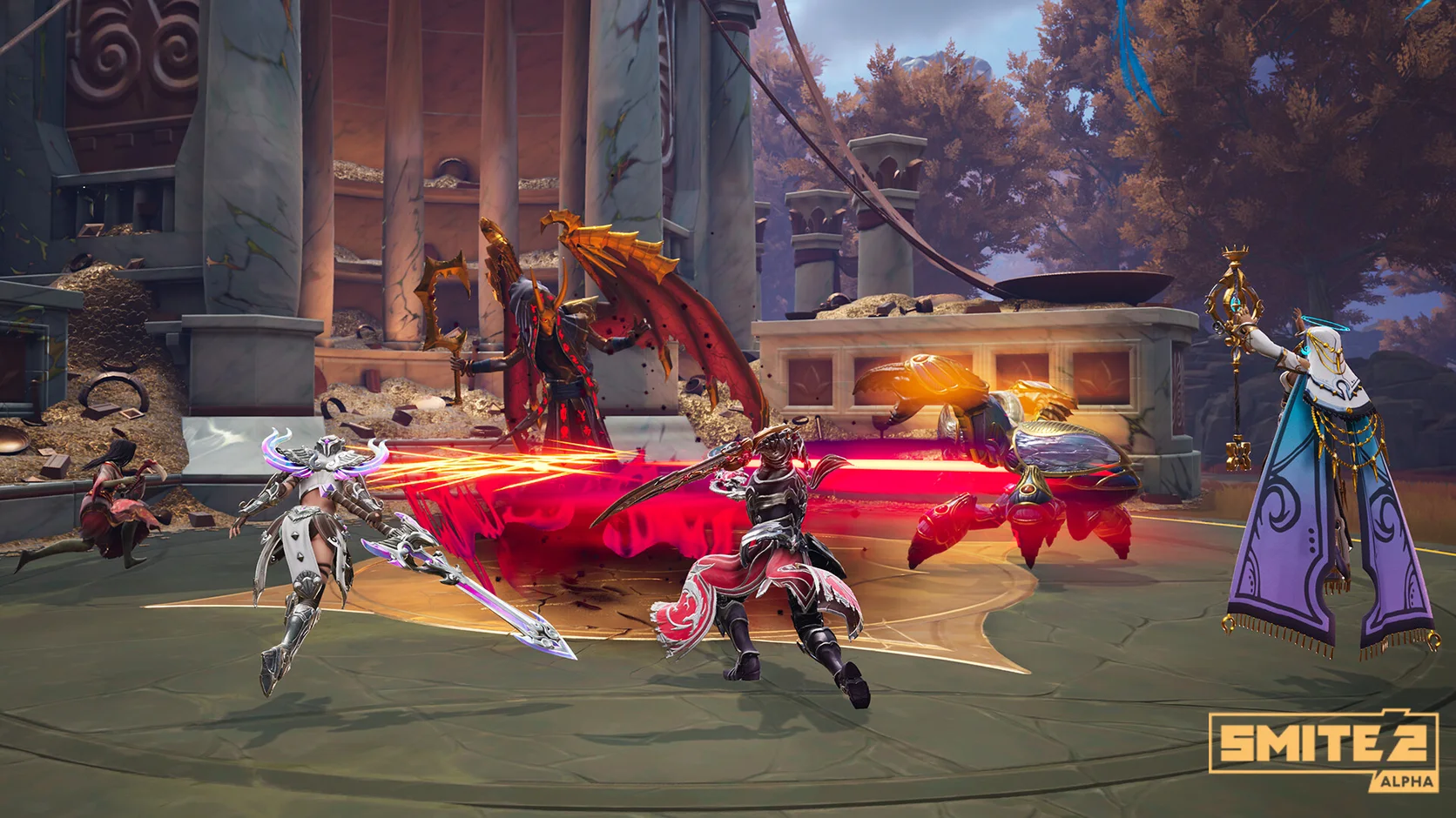 Original crystal-armored fantasy fighters charging across a celestial arena