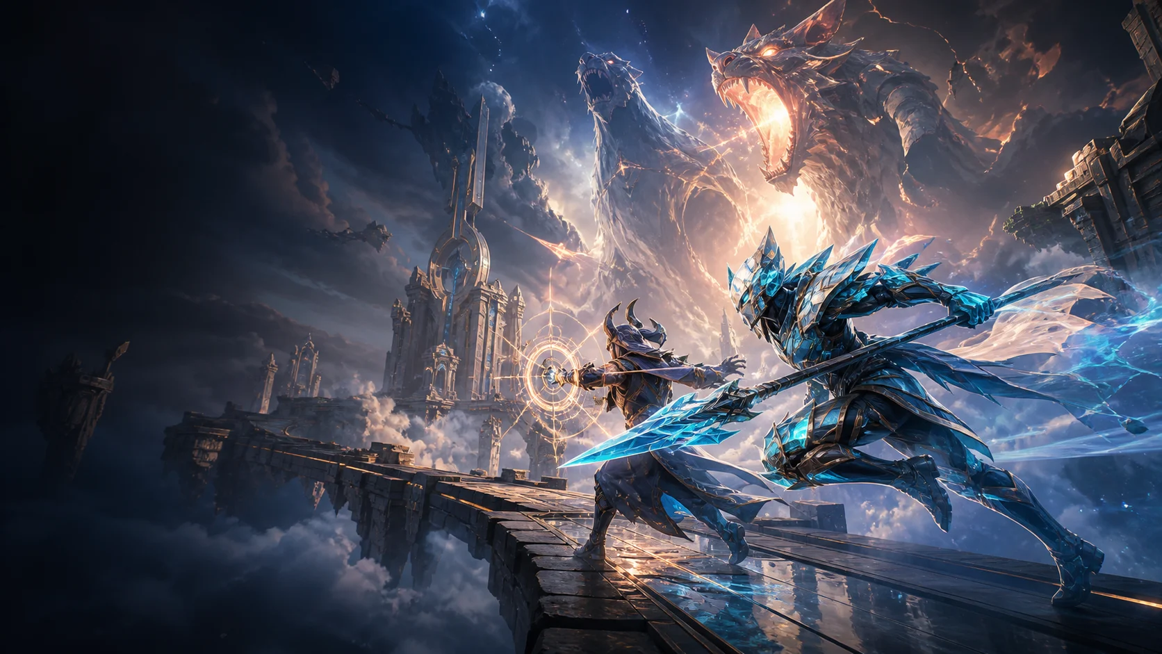 Originales luchadores de fantasía con armadura de cristal cargando a través de una arena celestial.