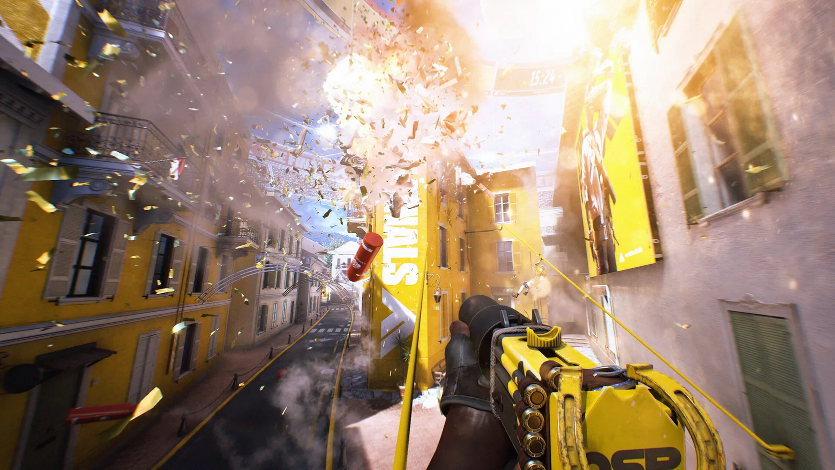 THE FINALS gameplay showing a player crossing a city as a building explodes