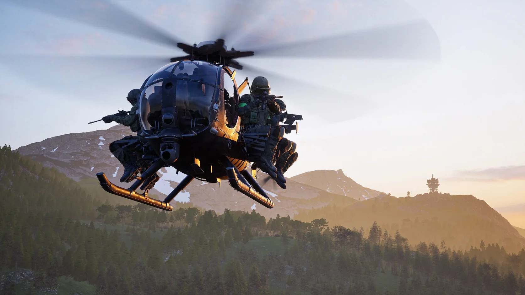 WARDOGS gameplay showing a squad riding a helicopter over the mountain battlefield