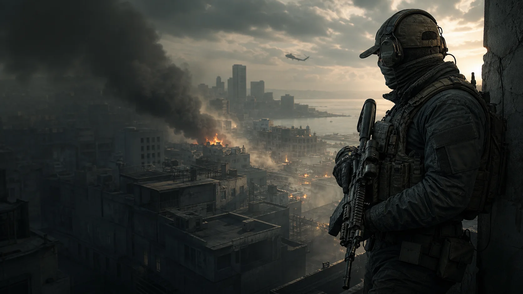 Tactical operator overlooking a city fight as a helicopter crosses the skyline