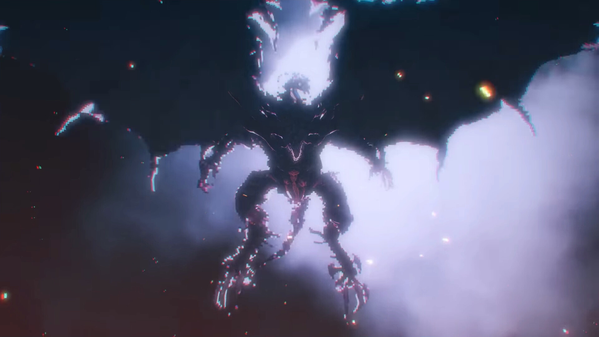 Official Resonance promotional image with a dark winged creature against bright blue-white pixelated effects.