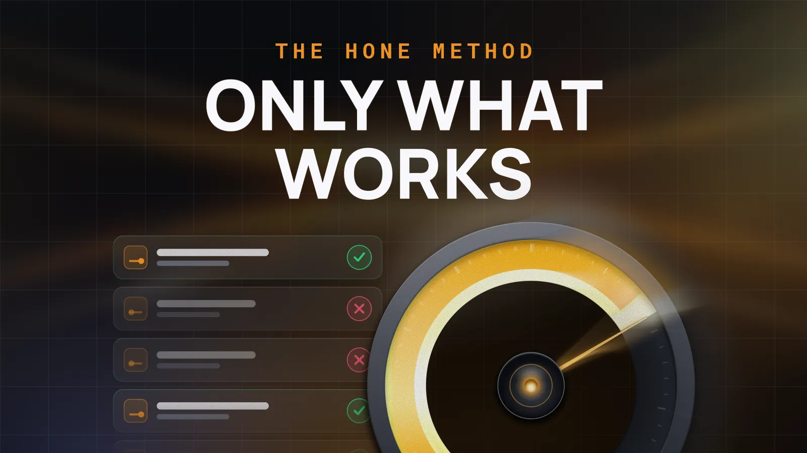 The Hone Method: Only What Works, illustrated with a performance gauge and accepted or rejected optimization checks
