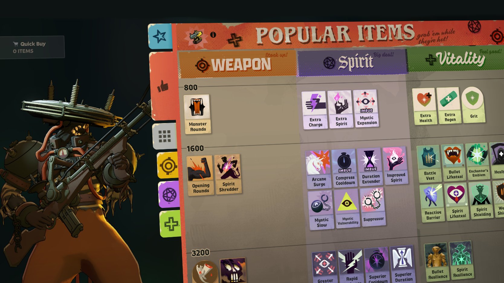 Deadlock's Popular Items shop panel, with Weapon, Spirit and Vitality item groups.