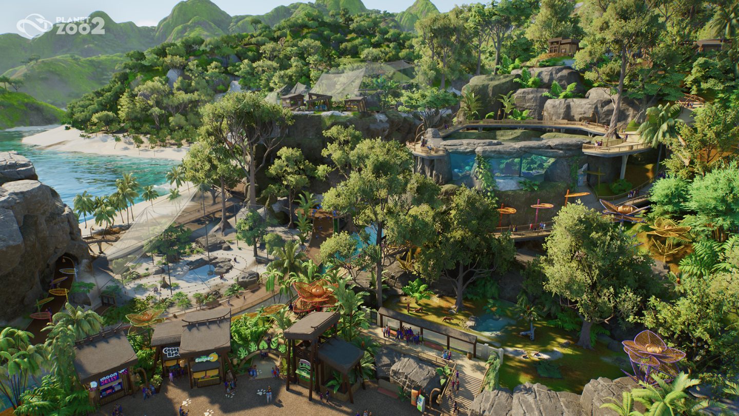 Frontier’s developed zoo scene with guests, paths, planted habitats, an aquarium and an aviary.
