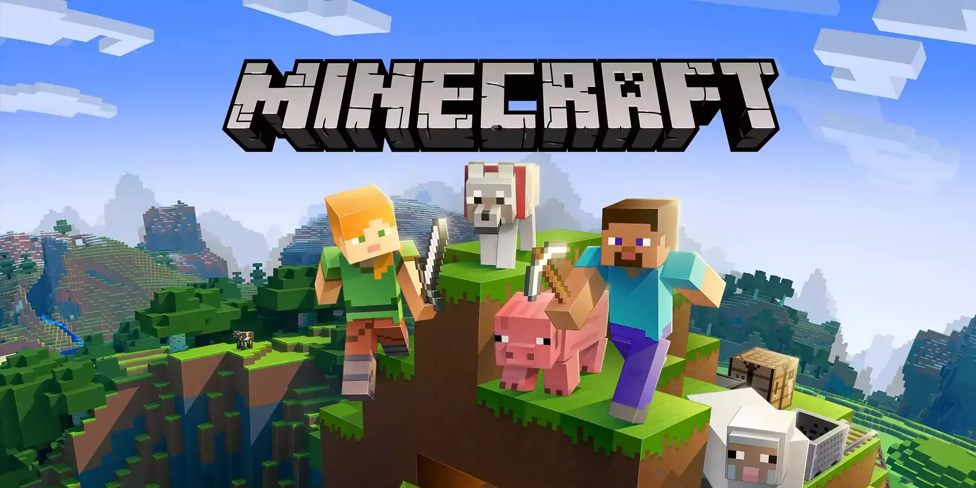 Paisagem do Minecraft com Alex, Steve e animais