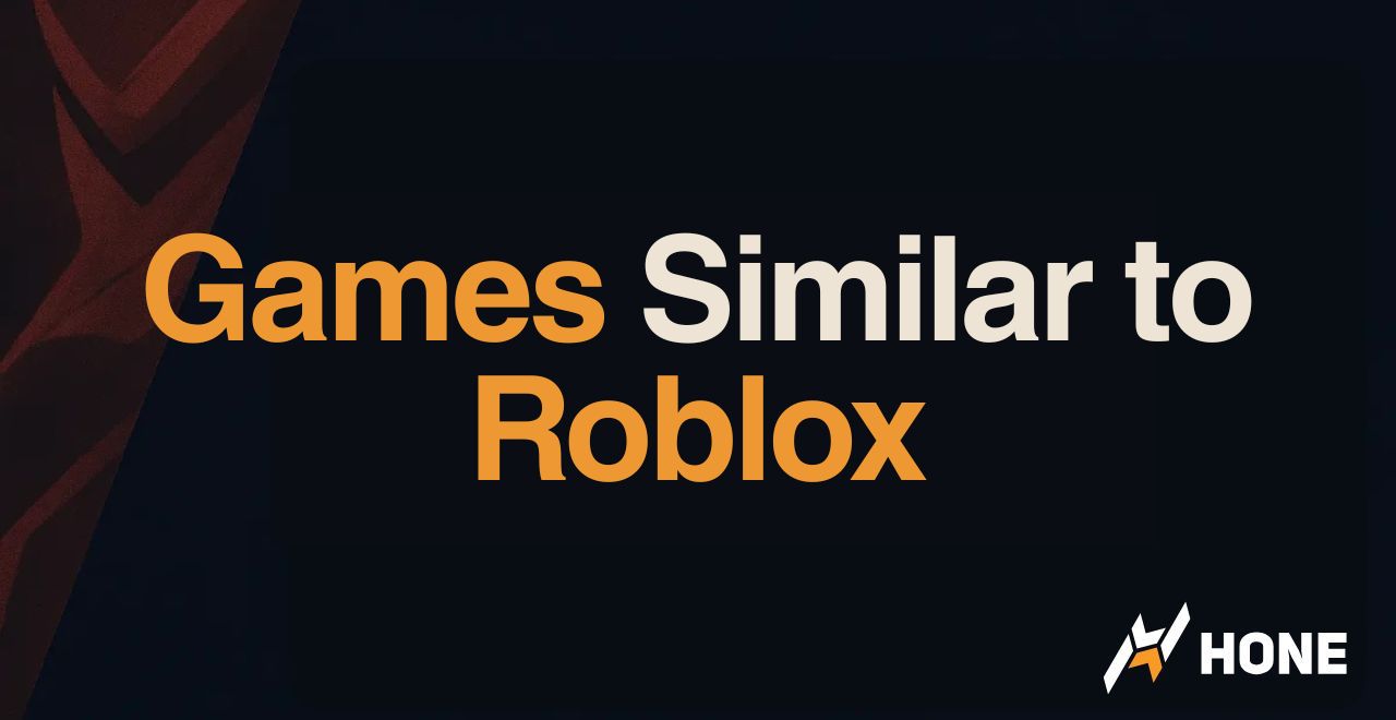 Thumbnail with the title 'Games Similar to Roblox' in orange and white text on a dark background, featuring a small HONE logo in the bottom-right corner