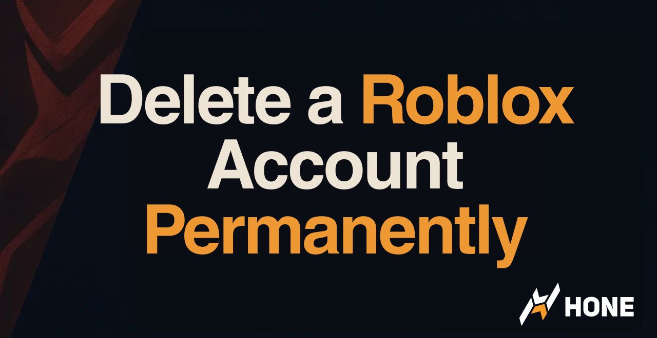 Tutorial thumbnail displaying the text 'Delete a Roblox Account Permanently' on a dark background, with the HONE logo in the bottom-right corner.