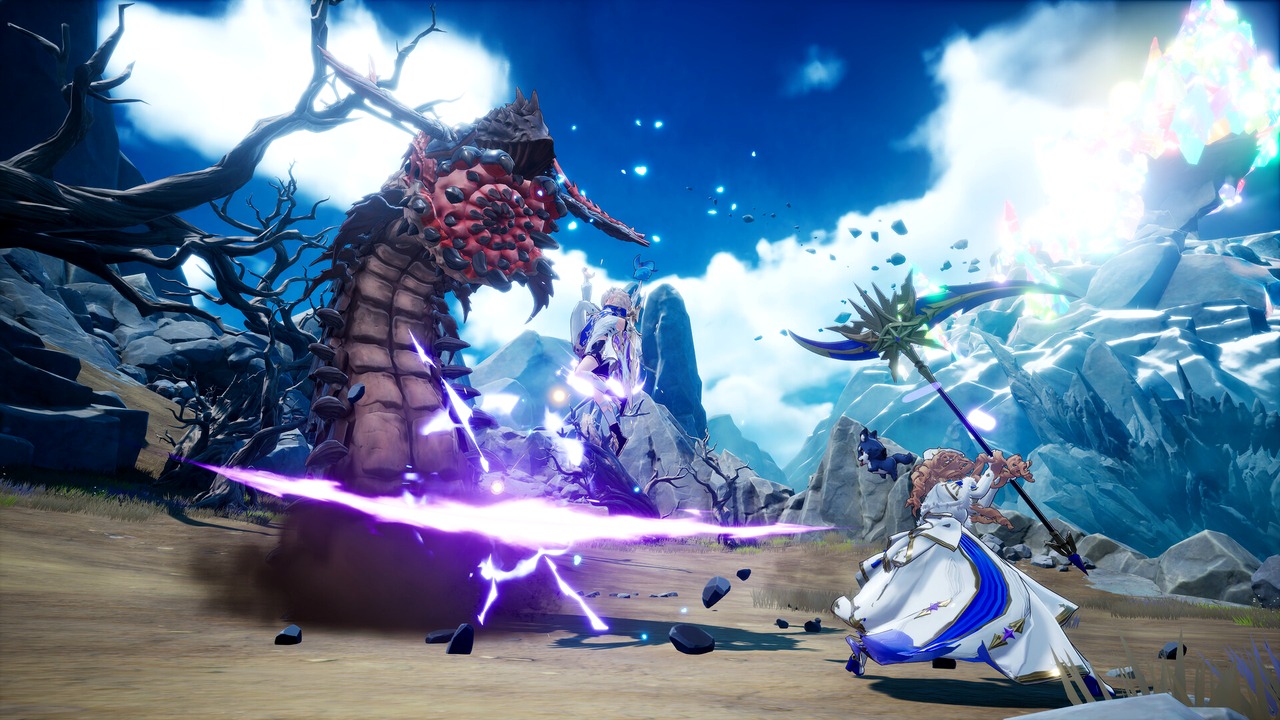 DragonSword Awakening characters fighting a large enemy in an effects-heavy scene used for repeatable FPS testing