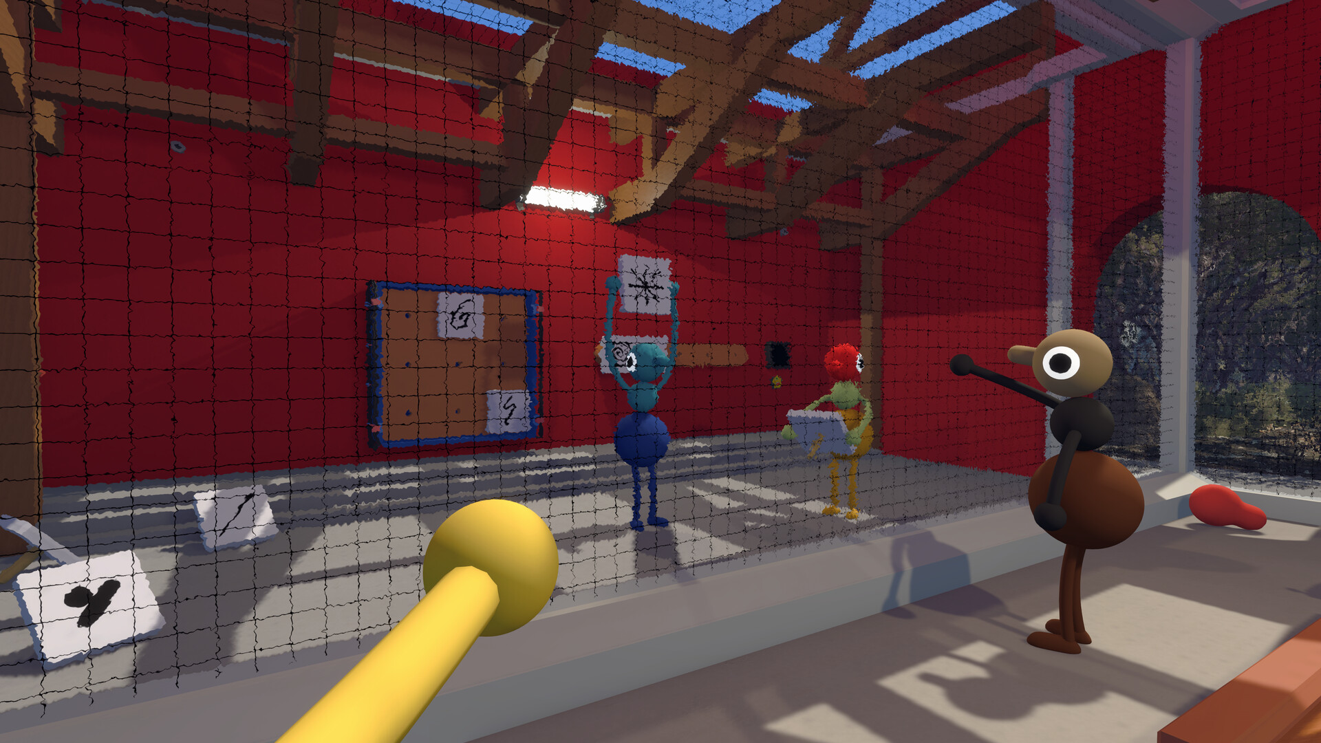 Big Walk characters working through a red puzzle area during a co-op session