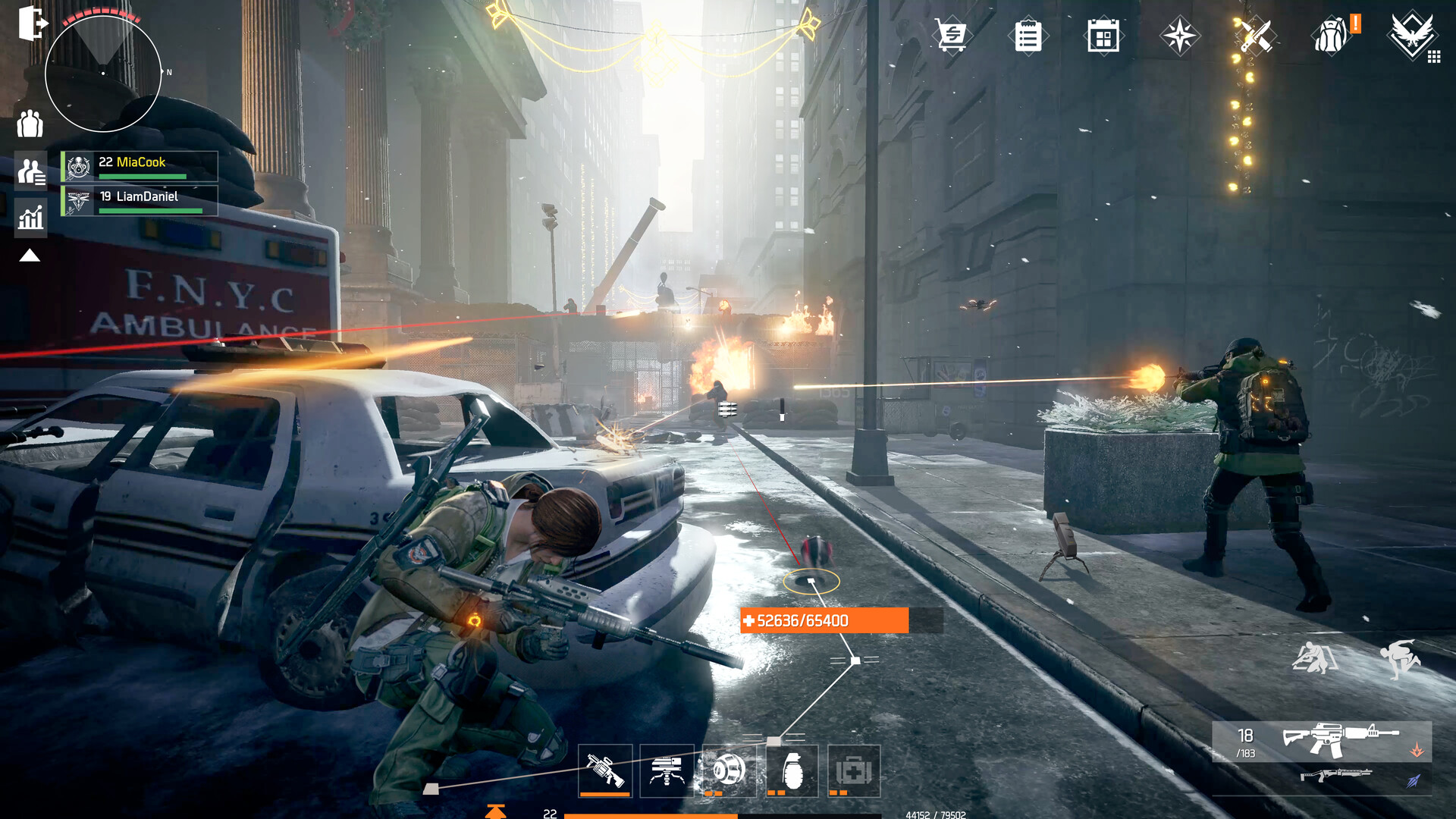 Division Resurgence agents exchanging fire along a snowy New York street
