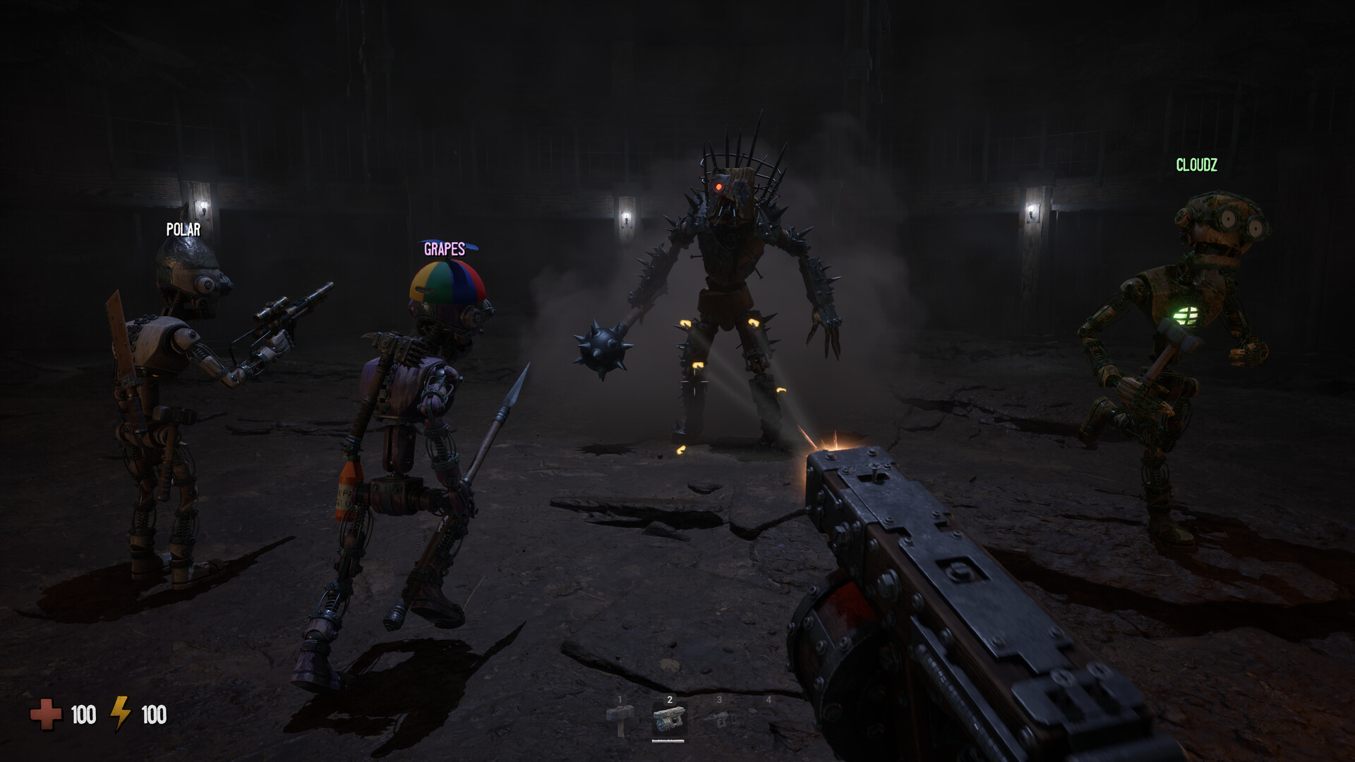 Four players face a tall Corrupted enemy in a dark ruin in GRAIN ROT.
