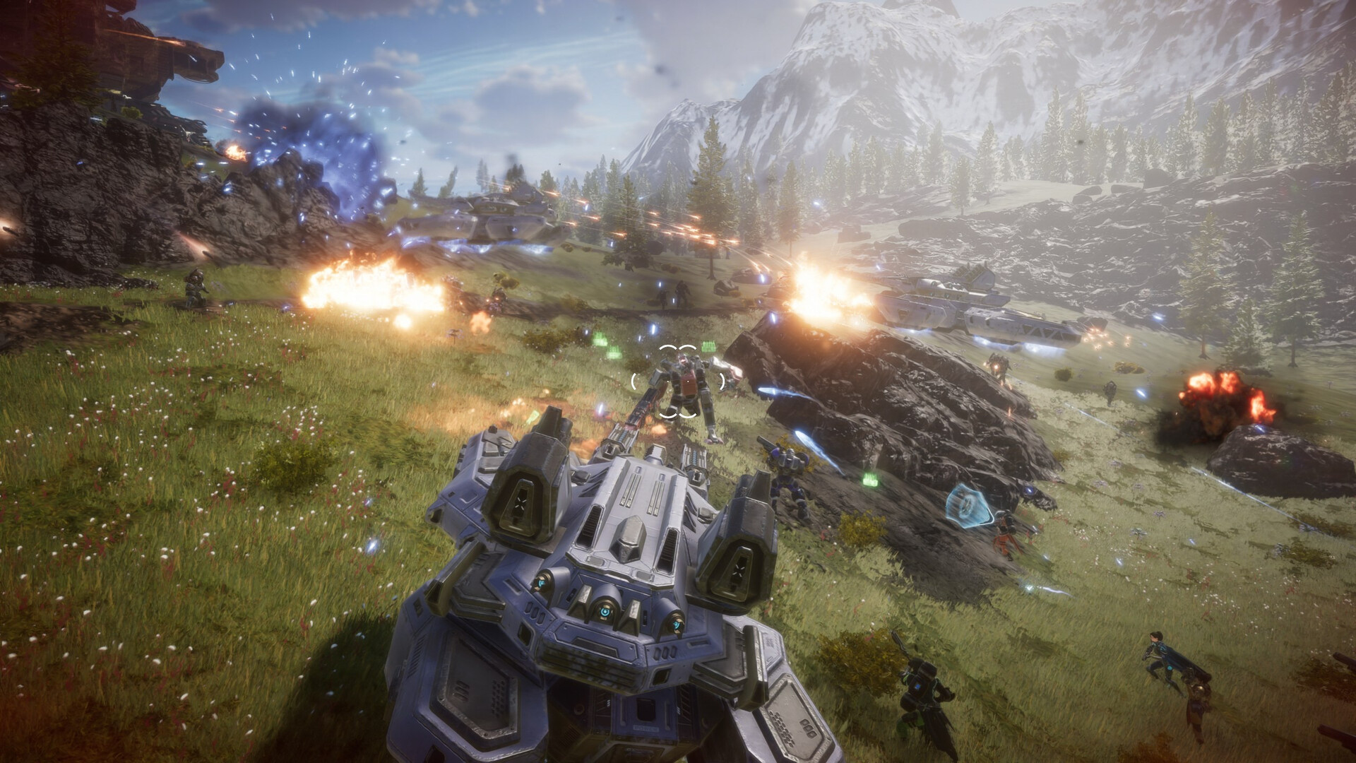 Pax Autocratica large mechanized battle with tanks, infantry, explosions, and projectiles