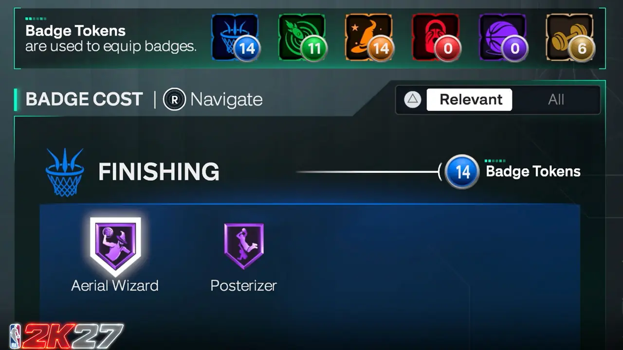Official NBA 2K27 Badge Cost screen with discipline token counters and finishing badges Aerial Wizard and Posterizer.